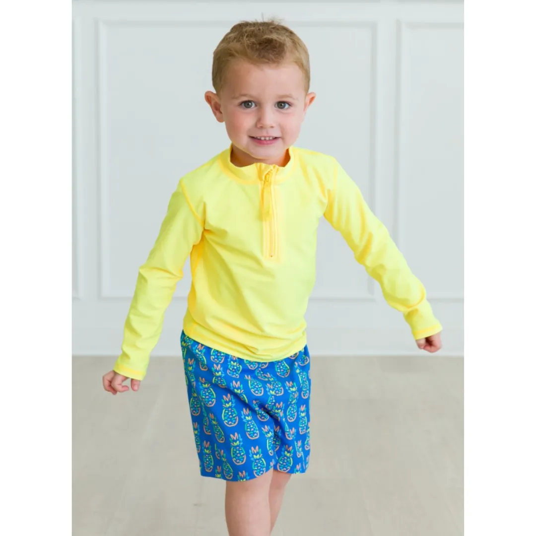 Neon Blue Pineapples Swim Trunks