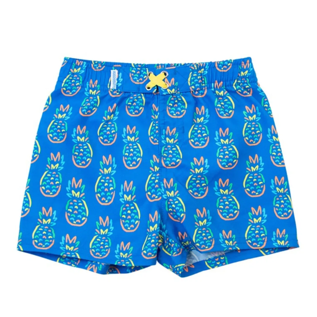 Neon Blue Pineapples Swim Trunks