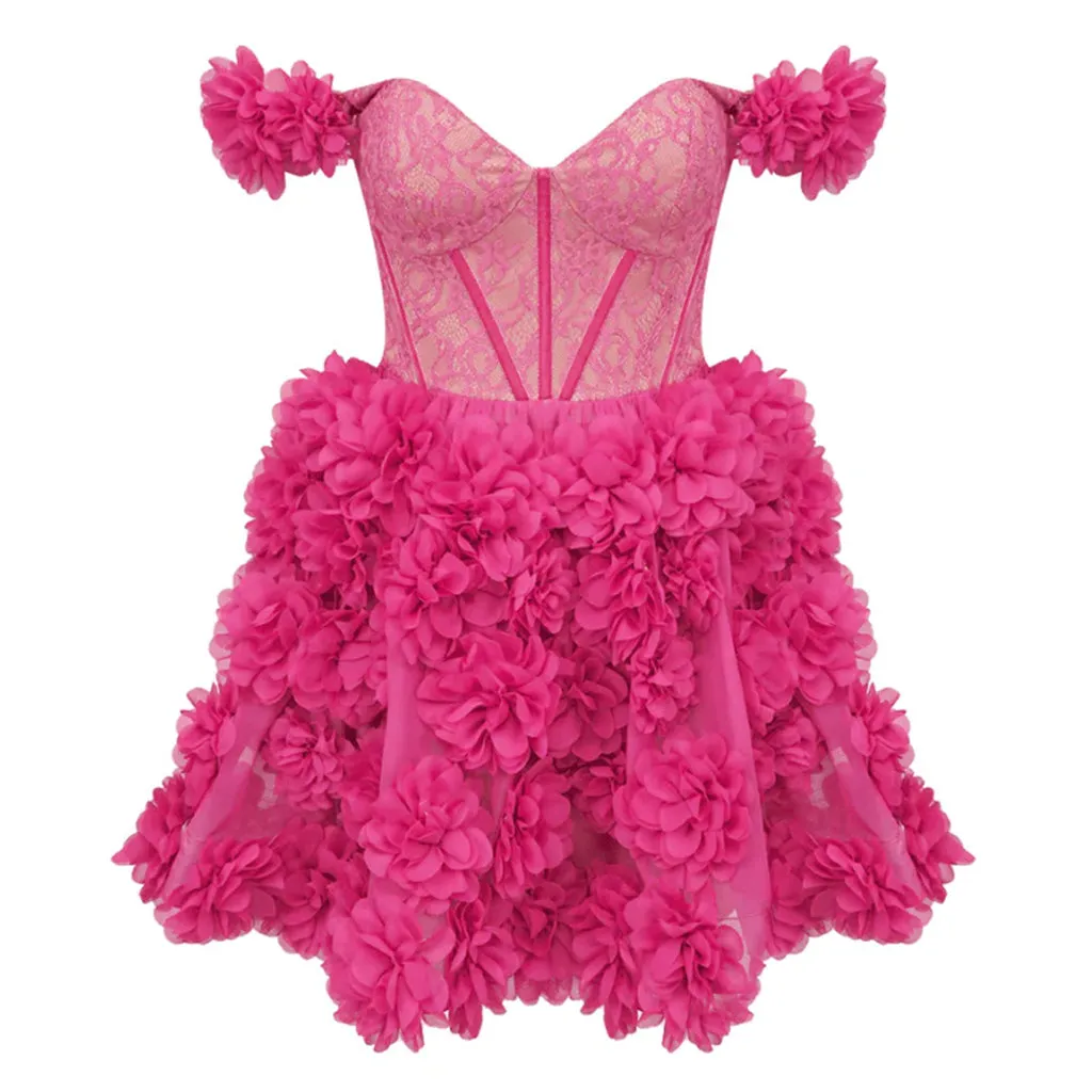 Opulent Sweetheart Off Shoulder Sheer Lace Corset High Waist Rosette Mini Dress