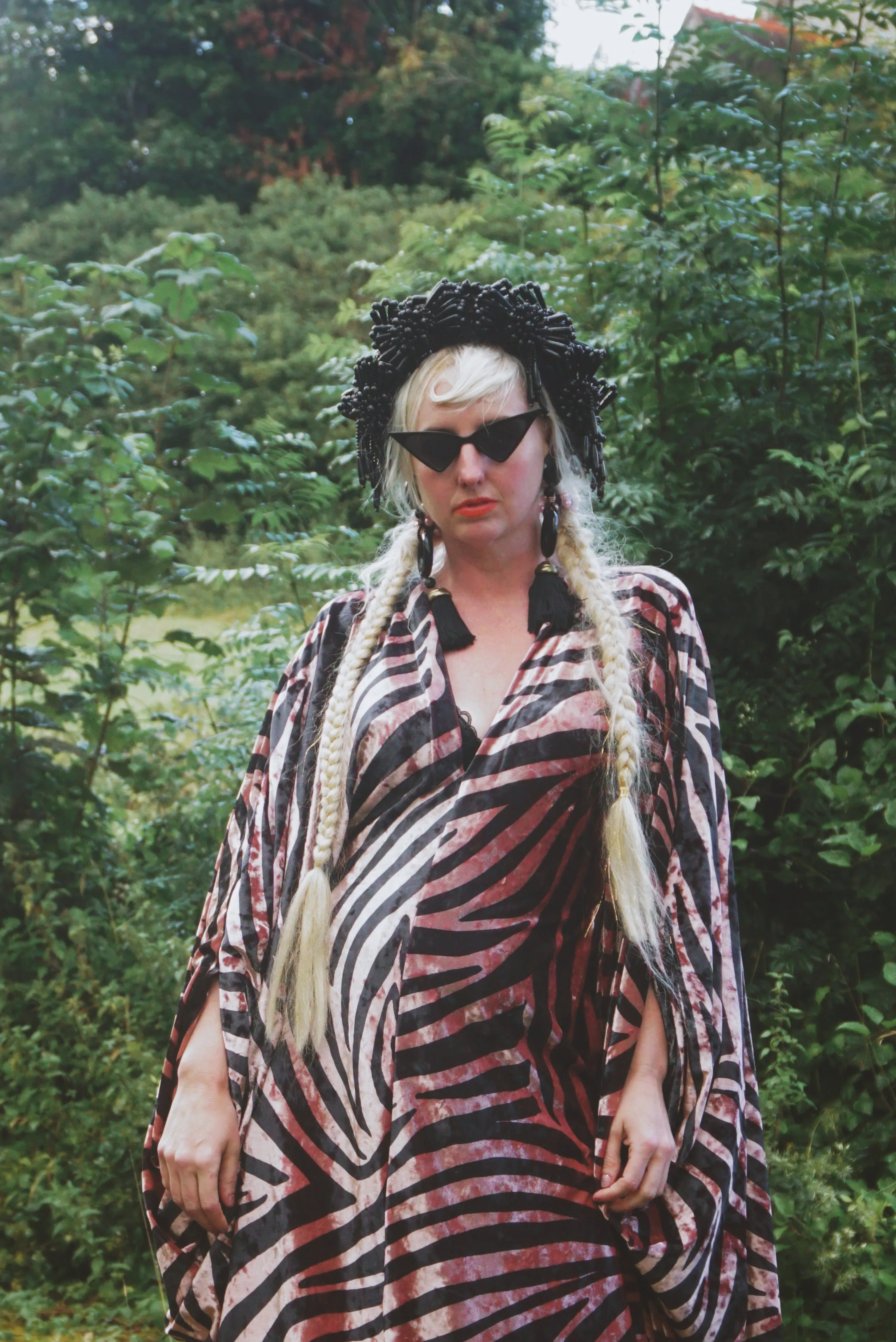 Opulent Velvet Dusky Pink and Black zebra Print textured Velvet kaftan Gown