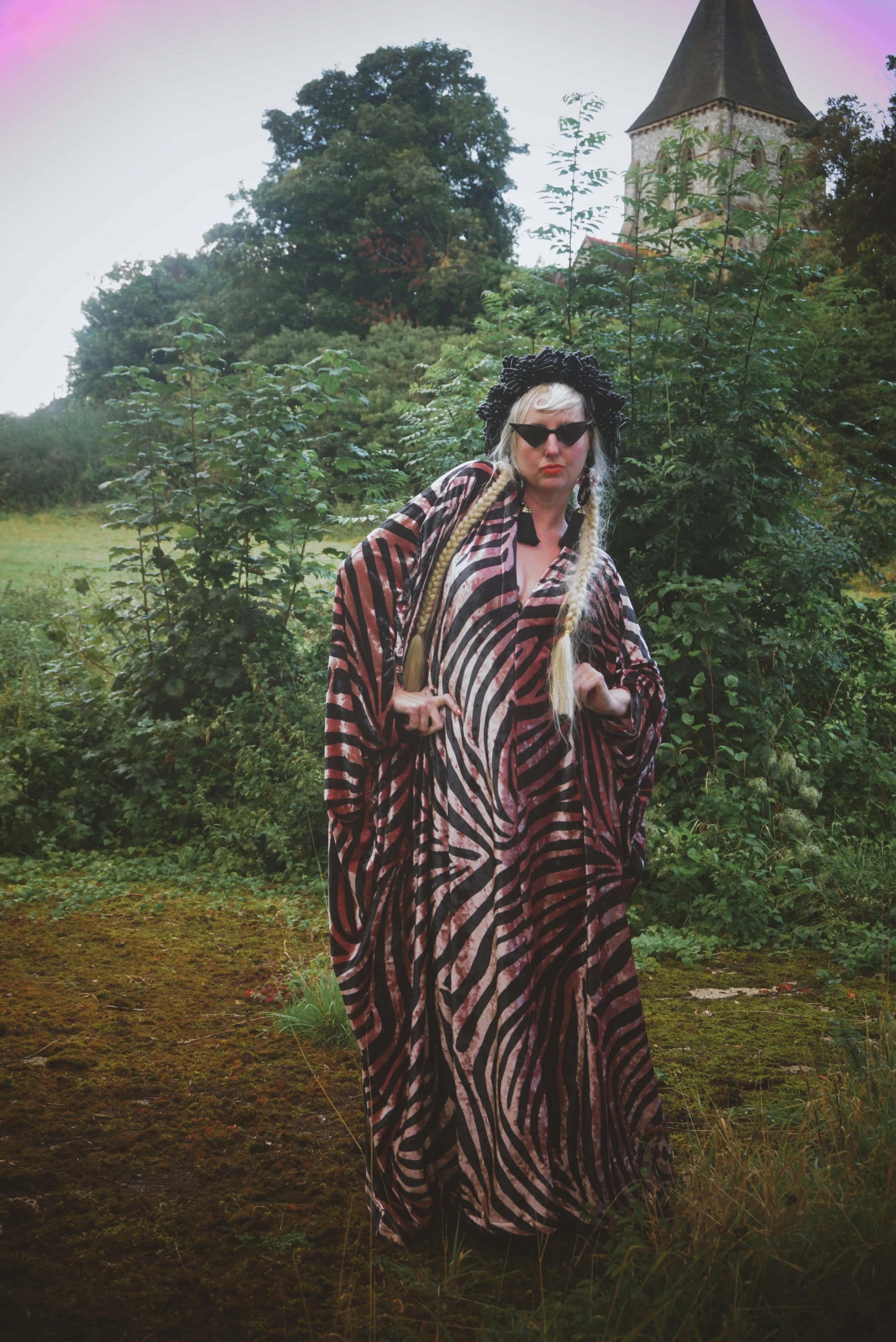 Opulent Velvet Dusky Pink and Black zebra Print textured Velvet kaftan Gown