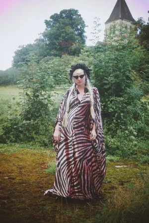 Opulent Velvet Dusky Pink and Black zebra Print textured Velvet kaftan Gown