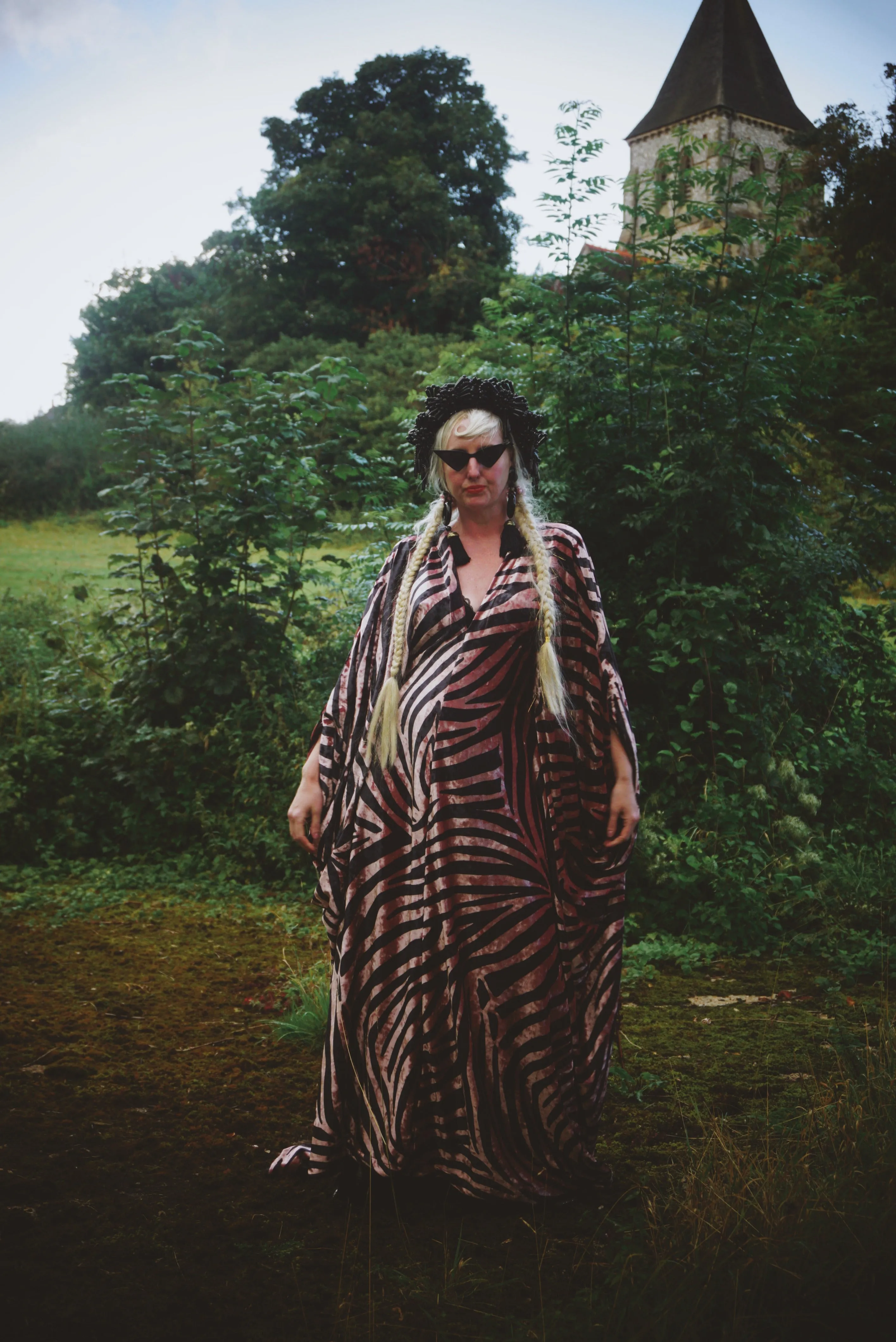 Opulent Velvet Dusky Pink and Black zebra Print textured Velvet kaftan Gown