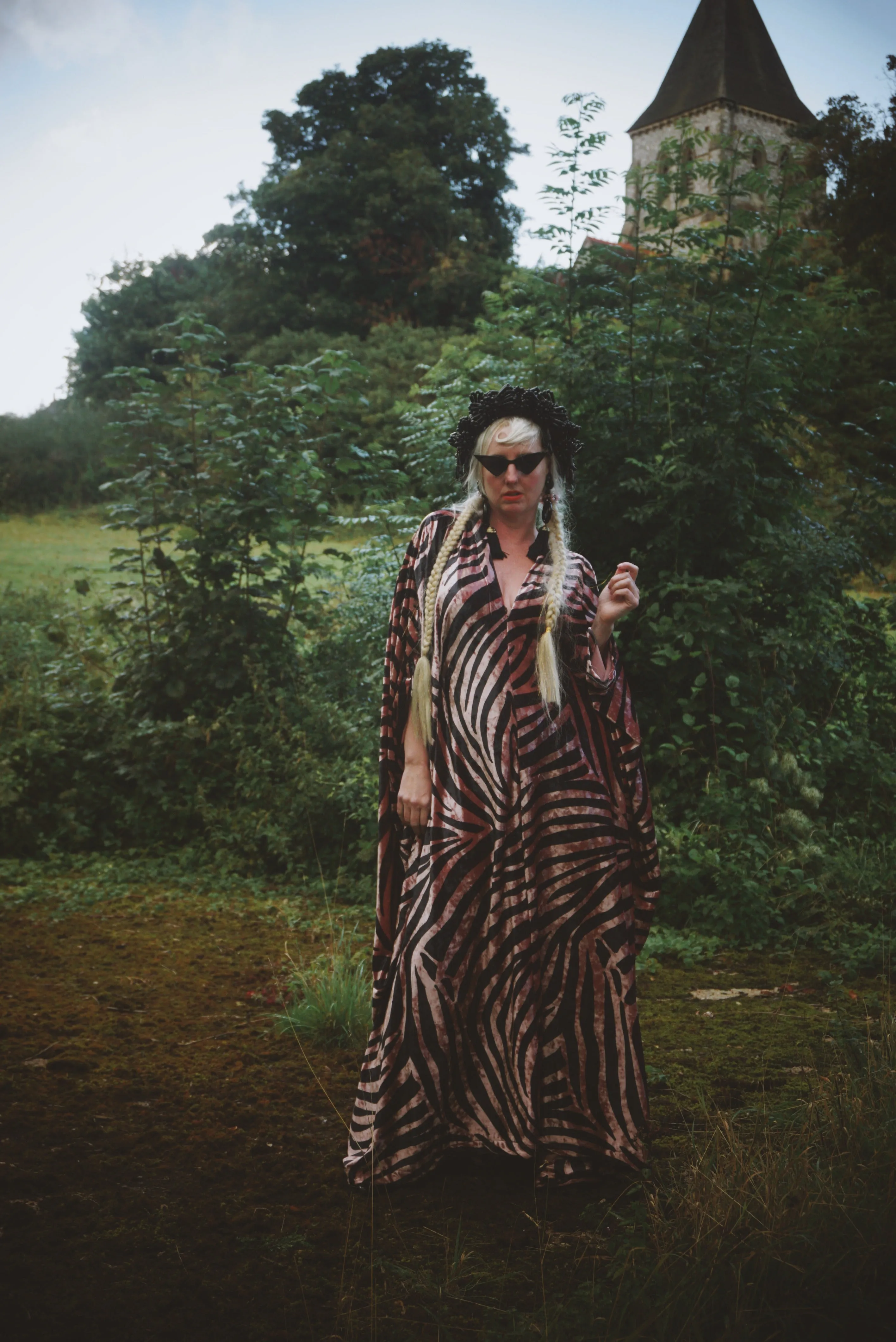 Opulent Velvet Dusky Pink and Black zebra Print textured Velvet kaftan Gown