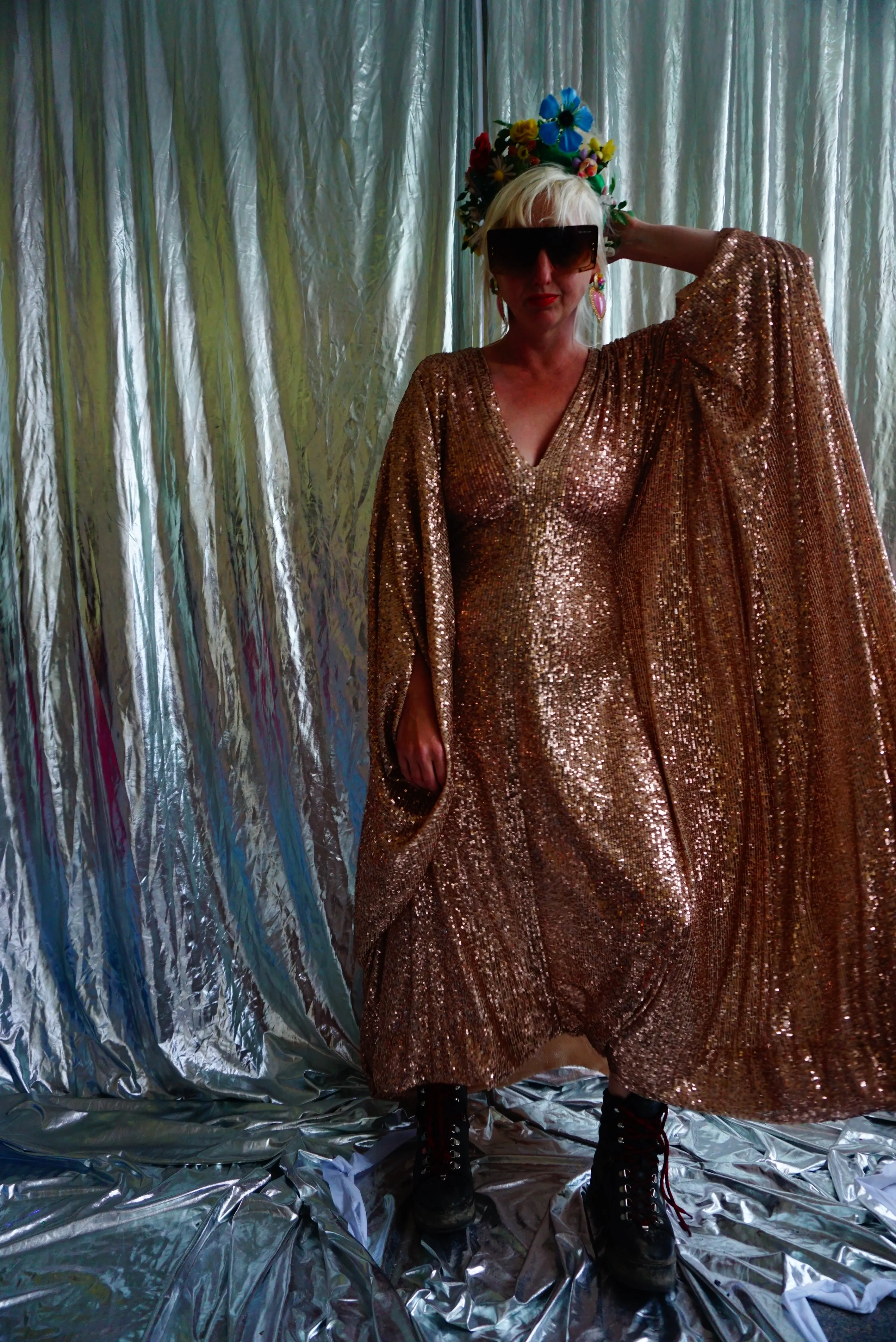 Pale gold slinky stretch sequin V-neck Kaftan Gown