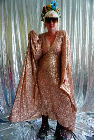 Pale gold slinky stretch sequin V-neck Kaftan Gown