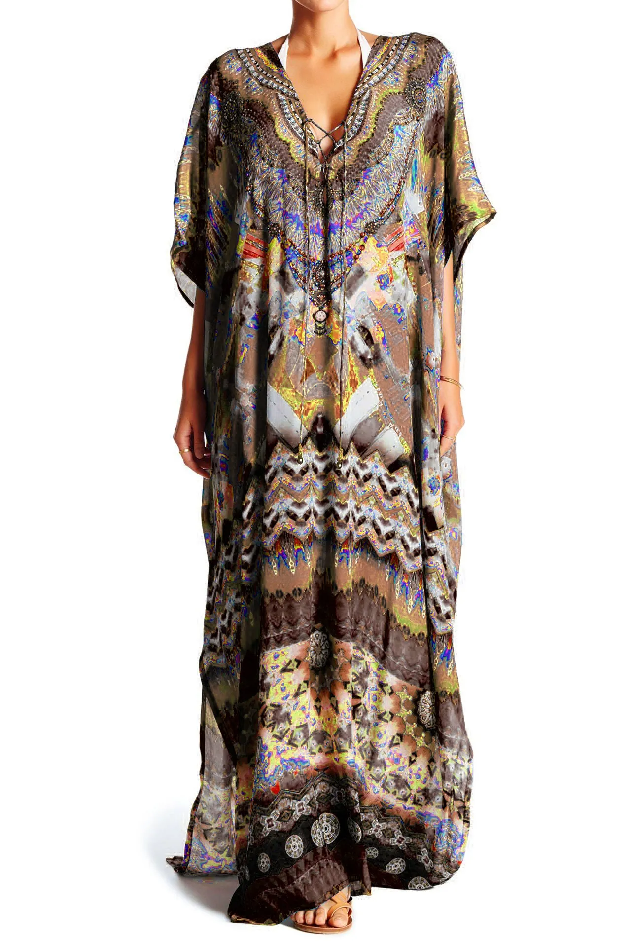 Printed Long Kaftan Dress in Brown