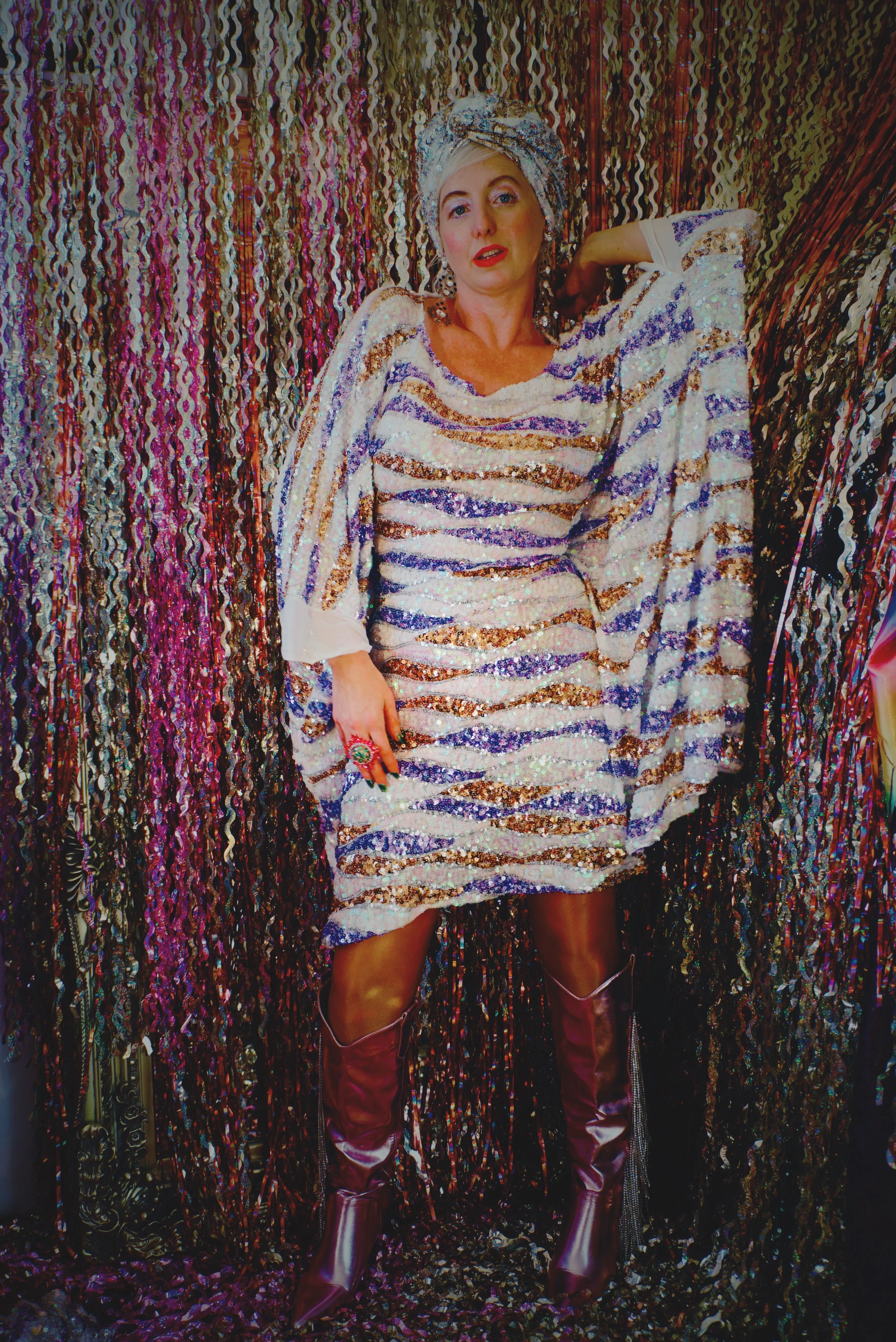 Purple, White, and Gold Wave Mini Dress Kaftan