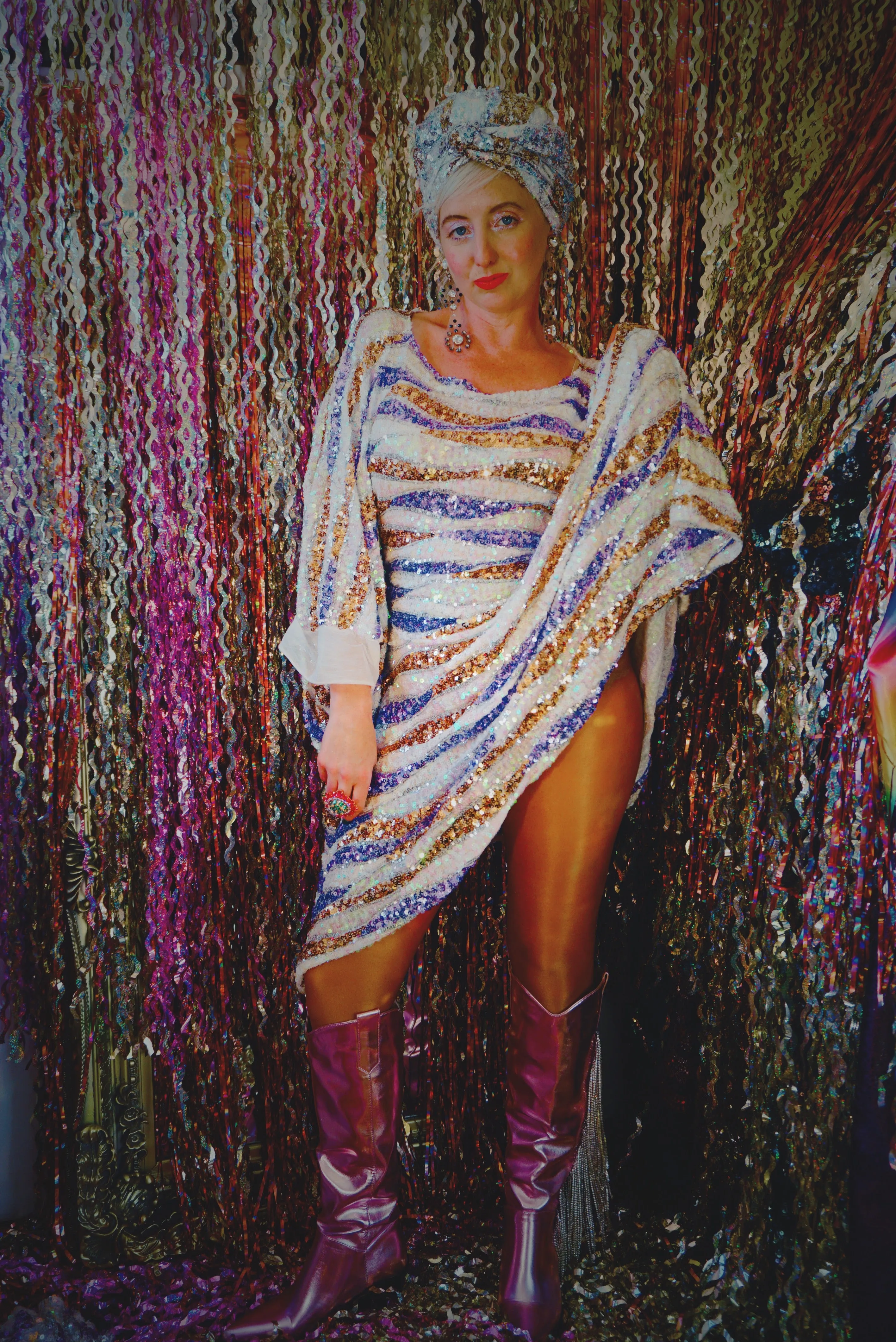 Purple, White, and Gold Wave Mini Dress Kaftan