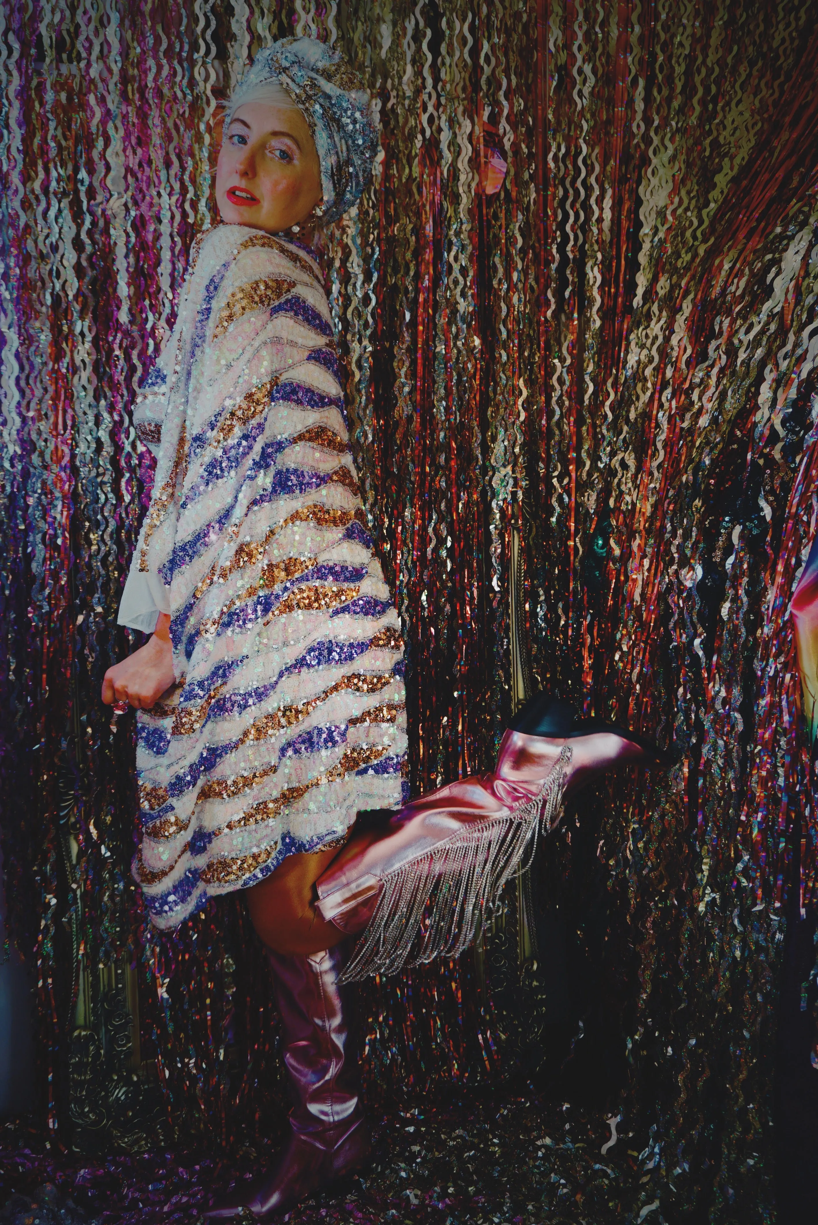 Purple, White, and Gold Wave Mini Dress Kaftan