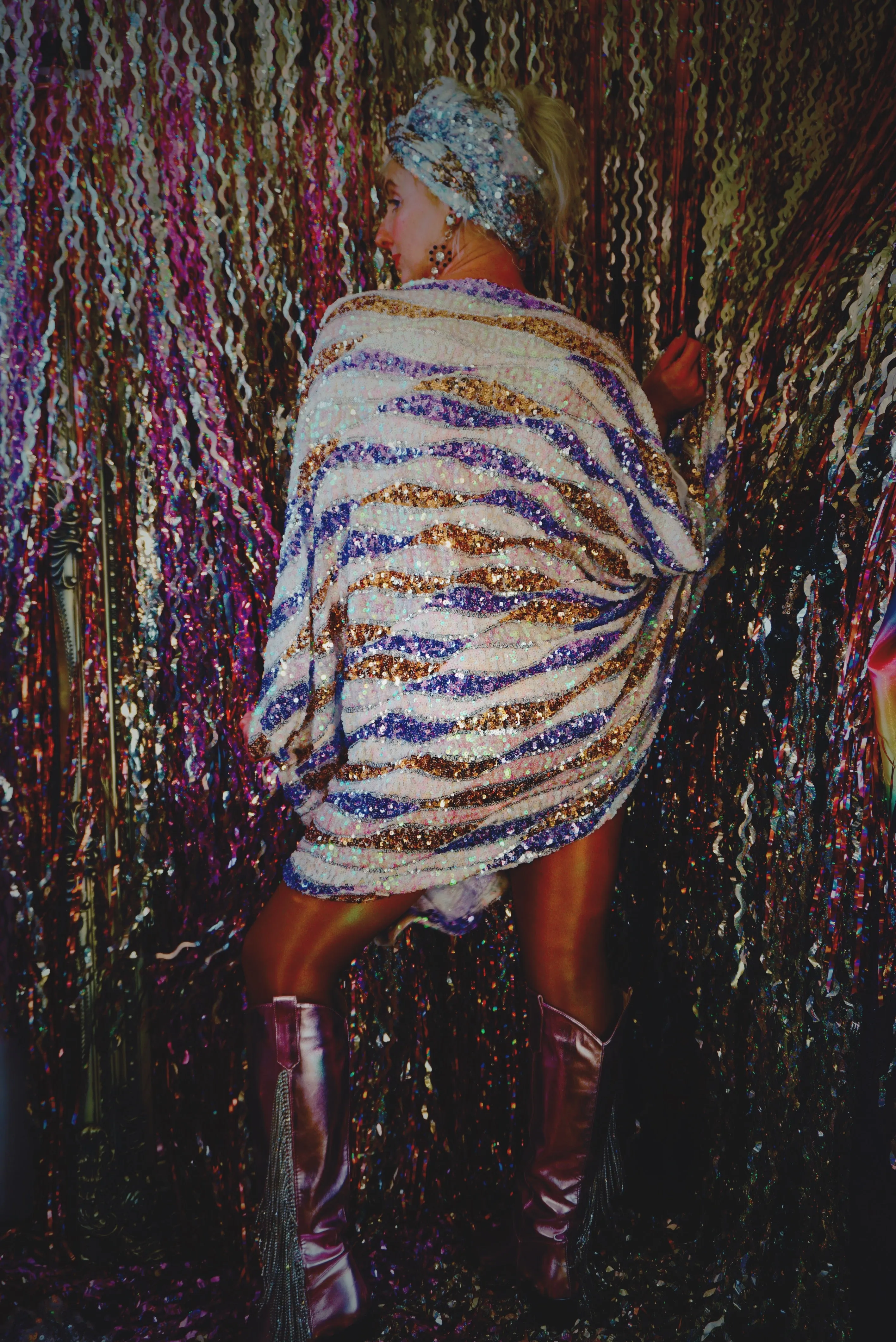 Purple, White, and Gold Wave Mini Dress Kaftan