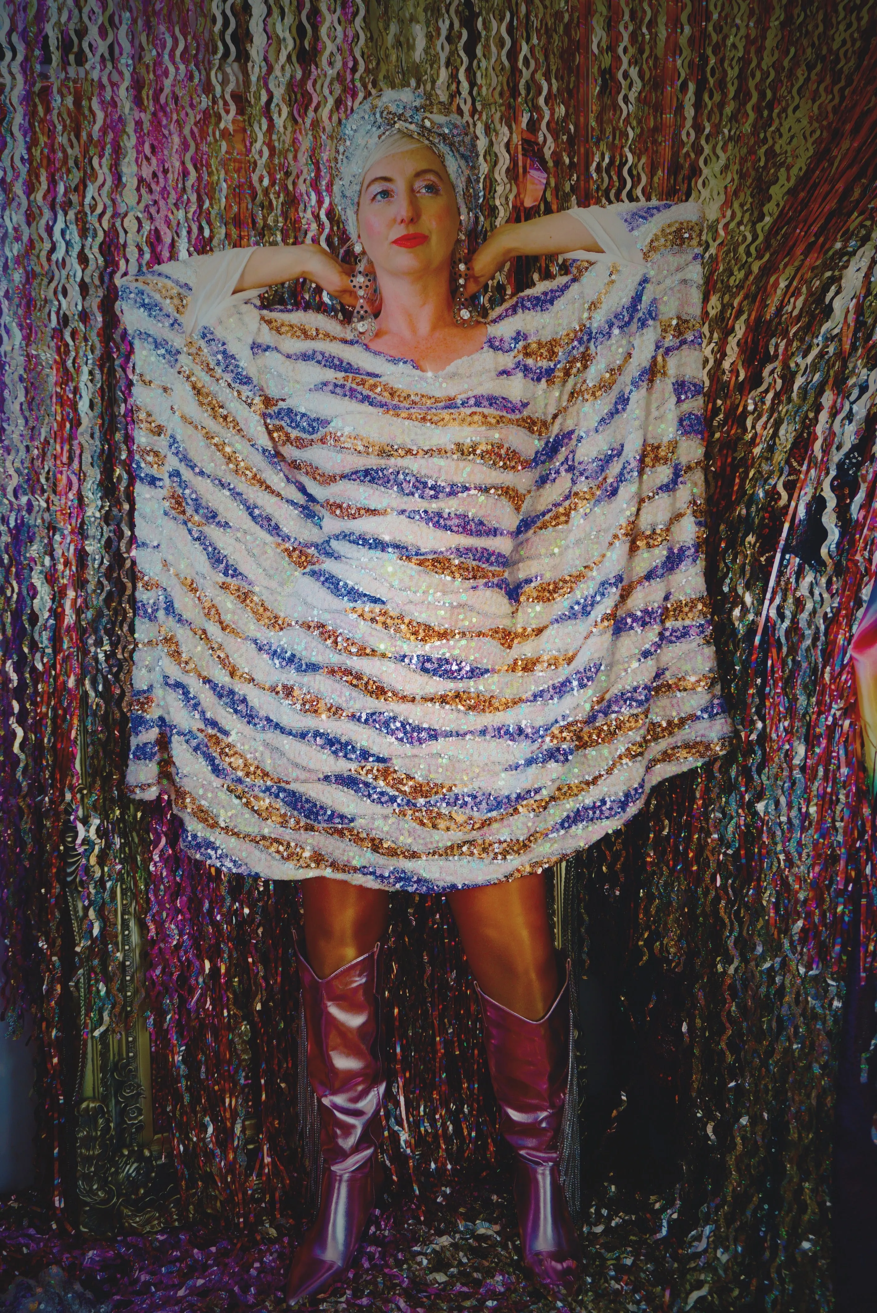 Purple, White, and Gold Wave Mini Dress Kaftan