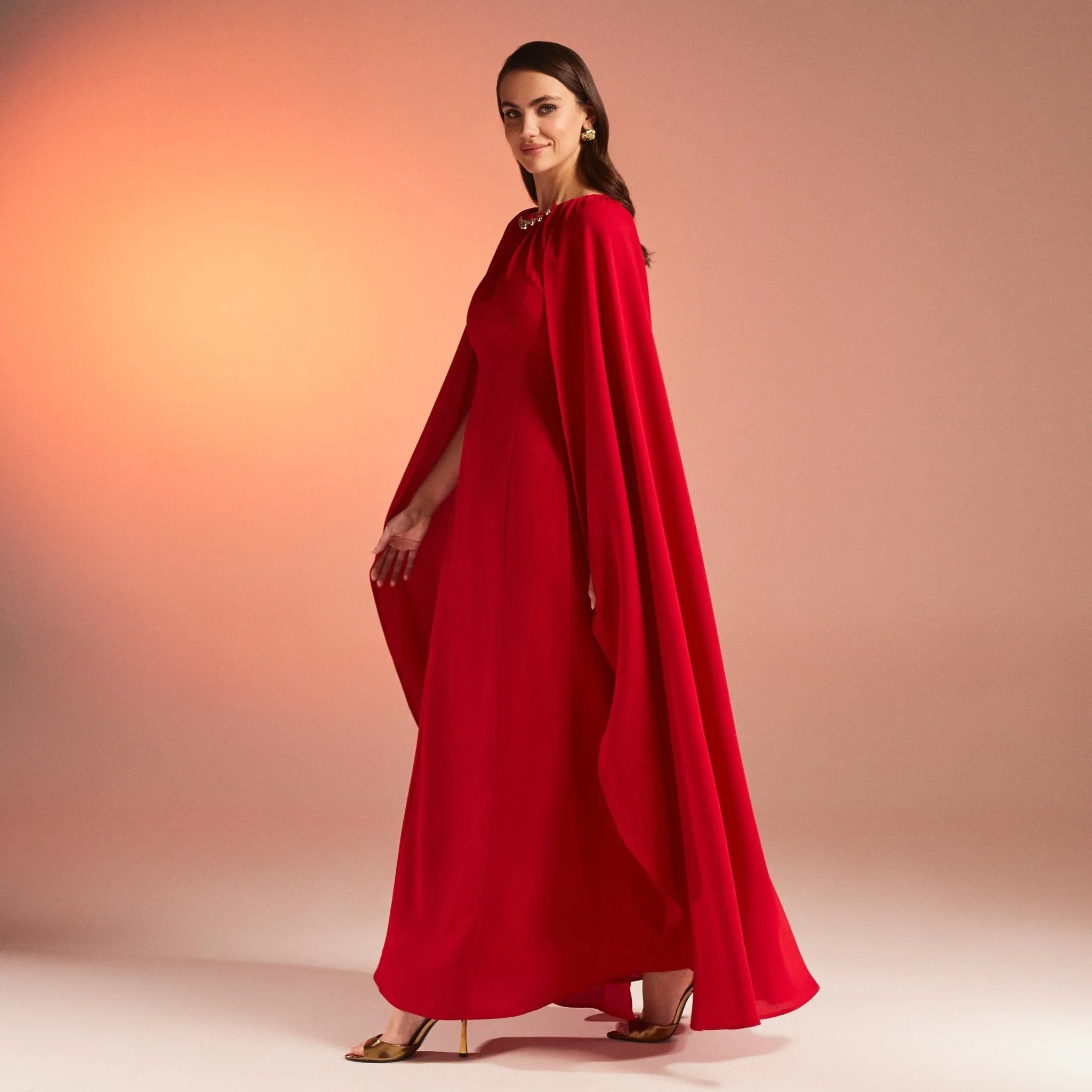 Red Bodycon Crepe Dress With Cape Effect