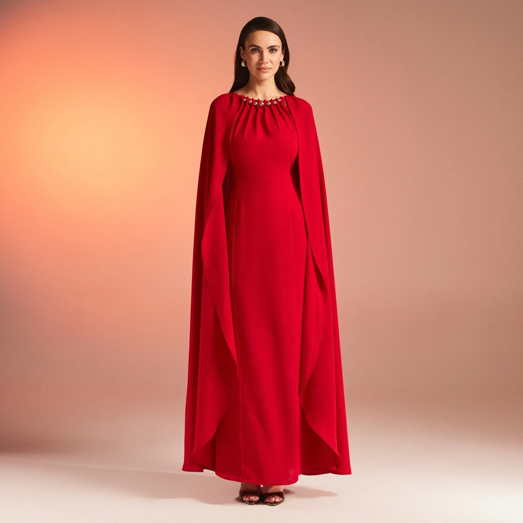 Red Bodycon Crepe Dress With Cape Effect