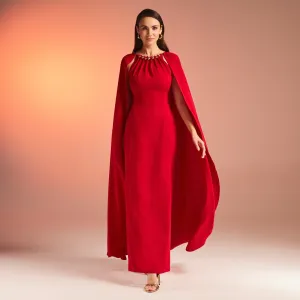 Red Bodycon Crepe Dress With Cape Effect