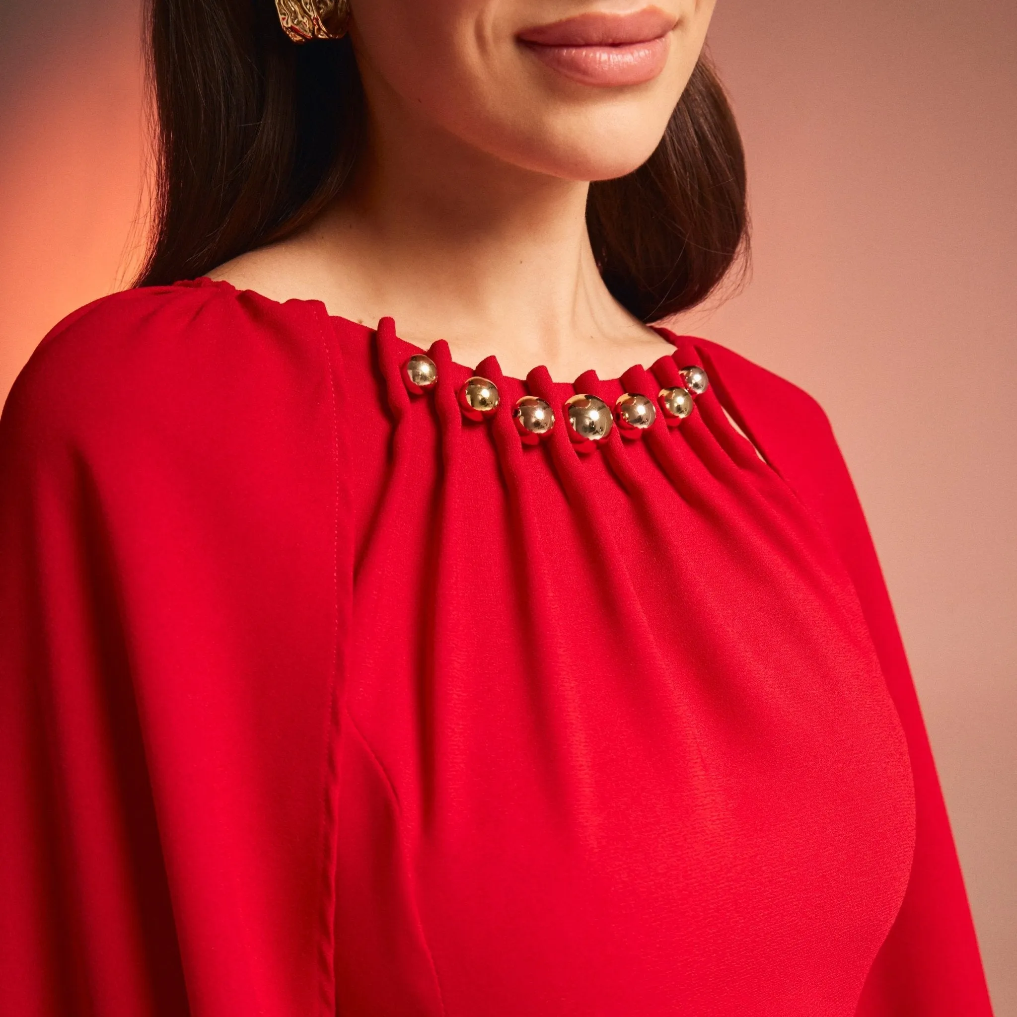 Red Bodycon Crepe Dress With Cape Effect