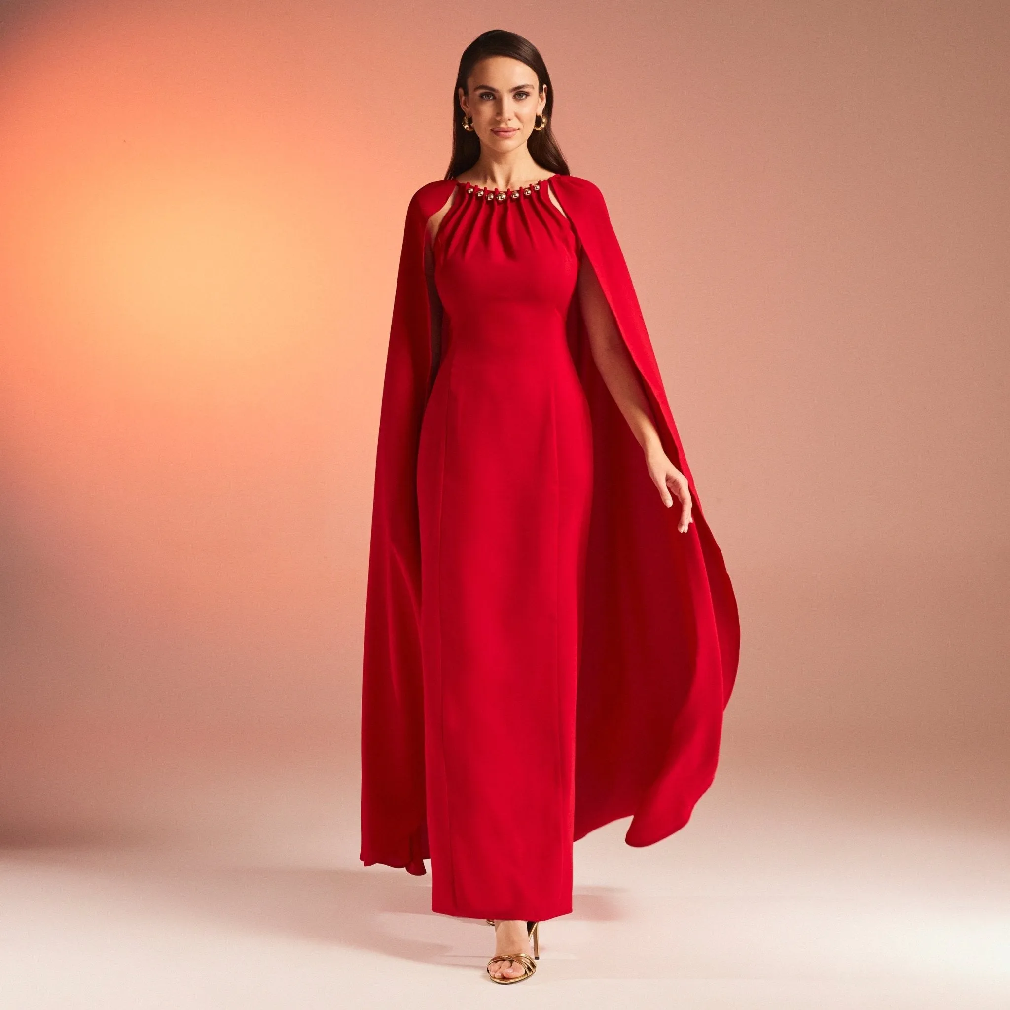 Red Bodycon Crepe Dress With Cape Effect