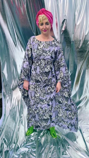 Romantic Floral Lilac, black and white floaty kaftan dress