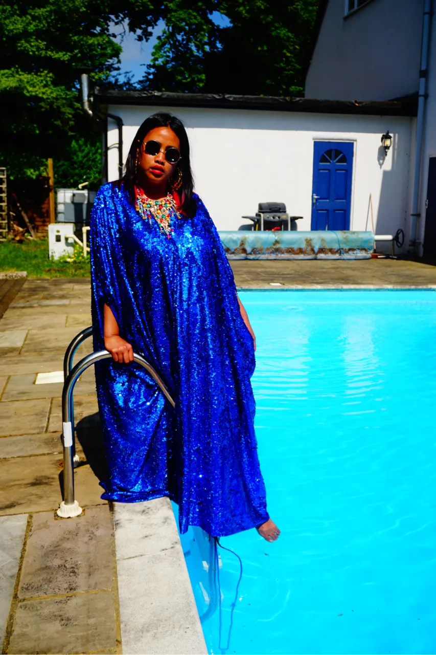 Royal Blue Holographic Sequin Maxi Kaftan Gown / Kimono Robe