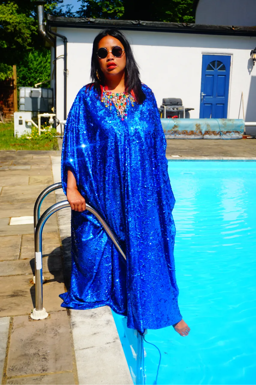 Royal Blue Holographic Sequin Maxi Kaftan Gown / Kimono Robe