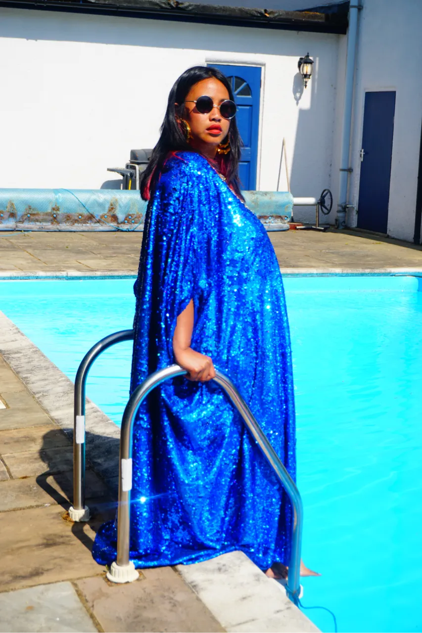 Royal Blue Holographic Sequin Maxi Kaftan Gown / Kimono Robe