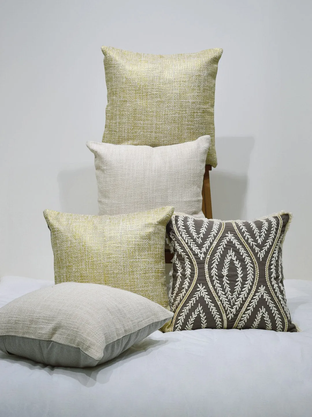Set of 5 Serene Leaf Hand Embroidery with Ecru & Bling Gold Foil 40x40 CM Cushion Covers