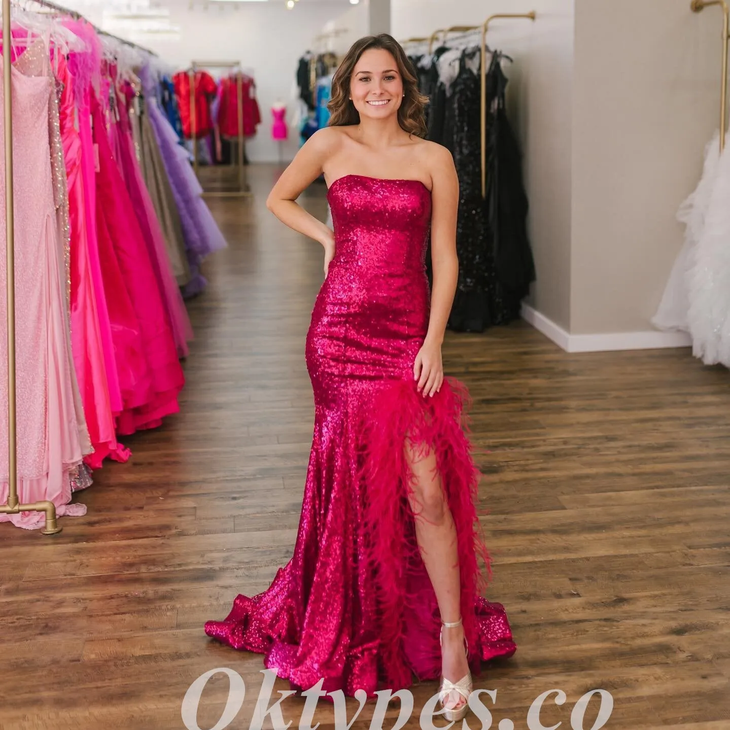 Sexy Sequin Sweetheart Sleeveless Side Slit Mermaid Long Prom Dresses With Feather,PDS0808