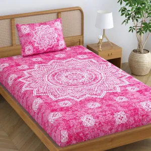SheetKart Cotton Blend Traditional Mandala Jaipuri Printed Single Bedsheet with 1 Pillow Cover - Rose Pink