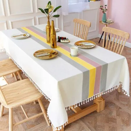 Sicilia Anti Skid & Water resistant Linen textured table cloth for dining table, table cover for center table  -Yellow Grey