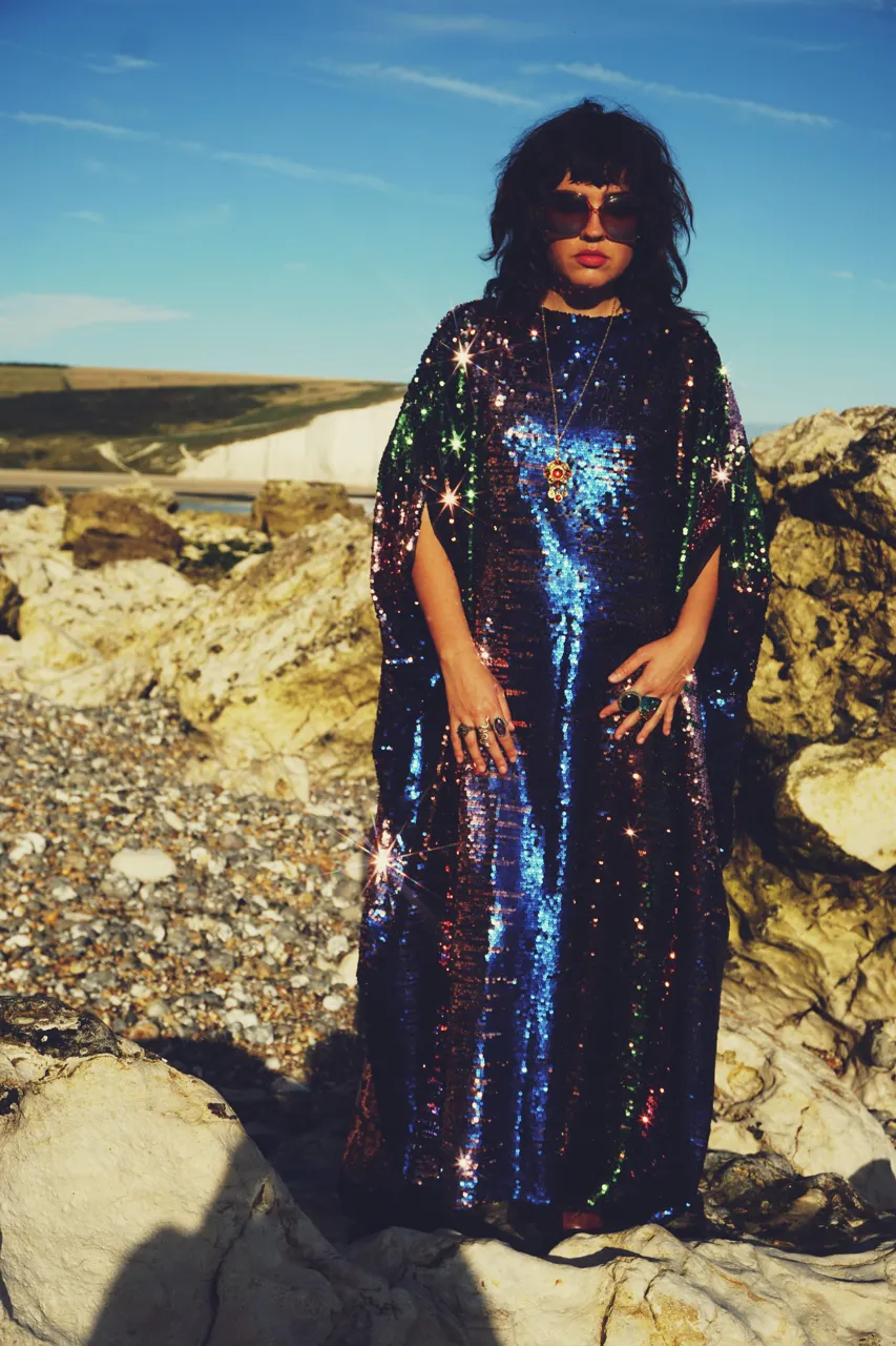 Siren Sequins - pale pink, royal blue, emerald green and bronze brown - Slash Neck