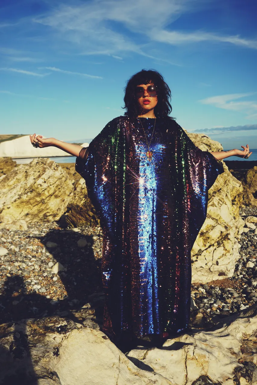 Siren Sequins - pale pink, royal blue, emerald green and bronze brown - Slash Neck