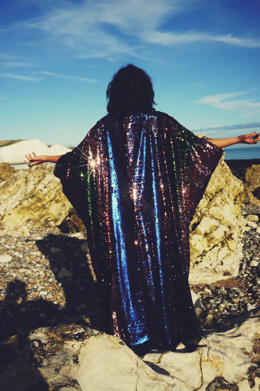 Siren Sequins - pale pink, royal blue, emerald green and bronze brown - Slash Neck