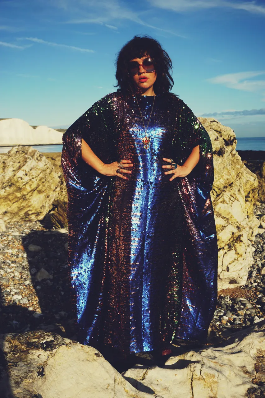 Siren Sequins - pale pink, royal blue, emerald green and bronze brown - Slash Neck