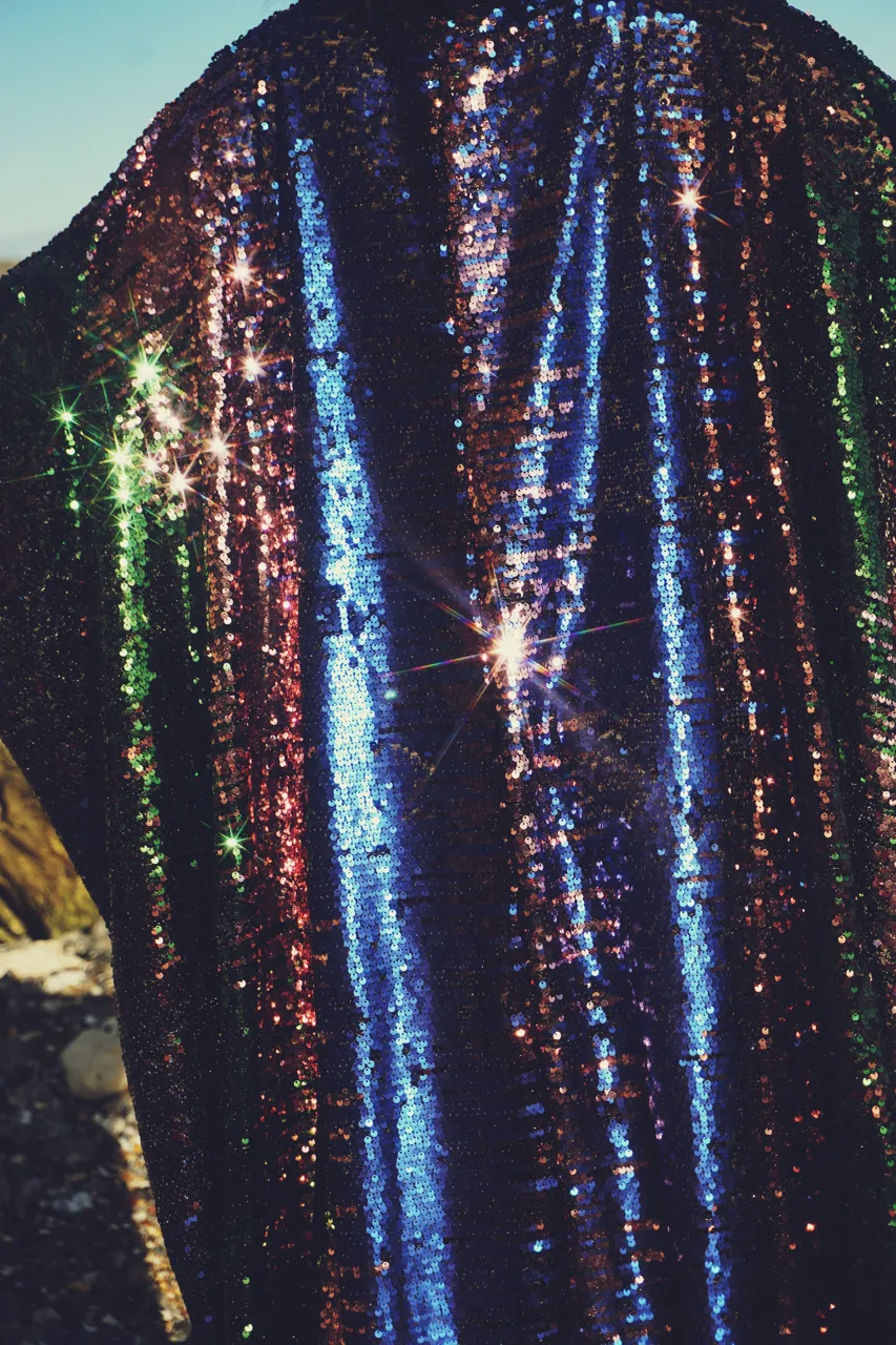 Siren Sequins - pale pink, royal blue, emerald green and bronze brown - Slash Neck