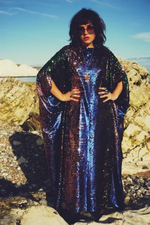 Siren Sequins - pale pink, royal blue, emerald green and bronze brown - Slash Neck