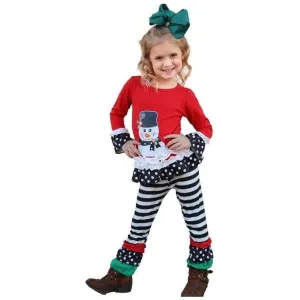 Snow man graphic top with stripe ruffle pants
