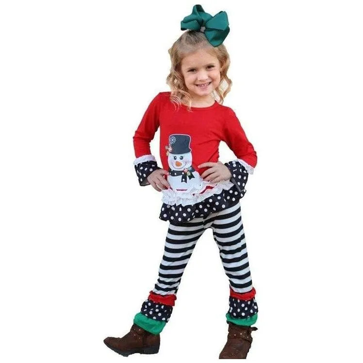 Snow man graphic top with stripe ruffle pants