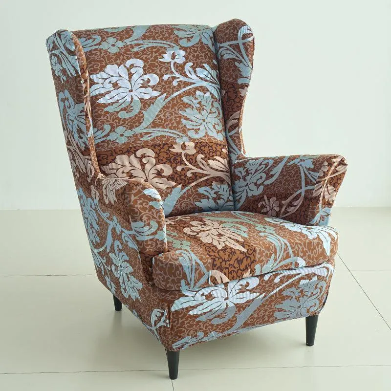 Stretchable 140 GSM Wing Chair Cover, Rich Chocolate Damask Floral
