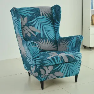 Stretchable 140 GSM Wing Chair Cover, Sea Blue Tropical Leaves