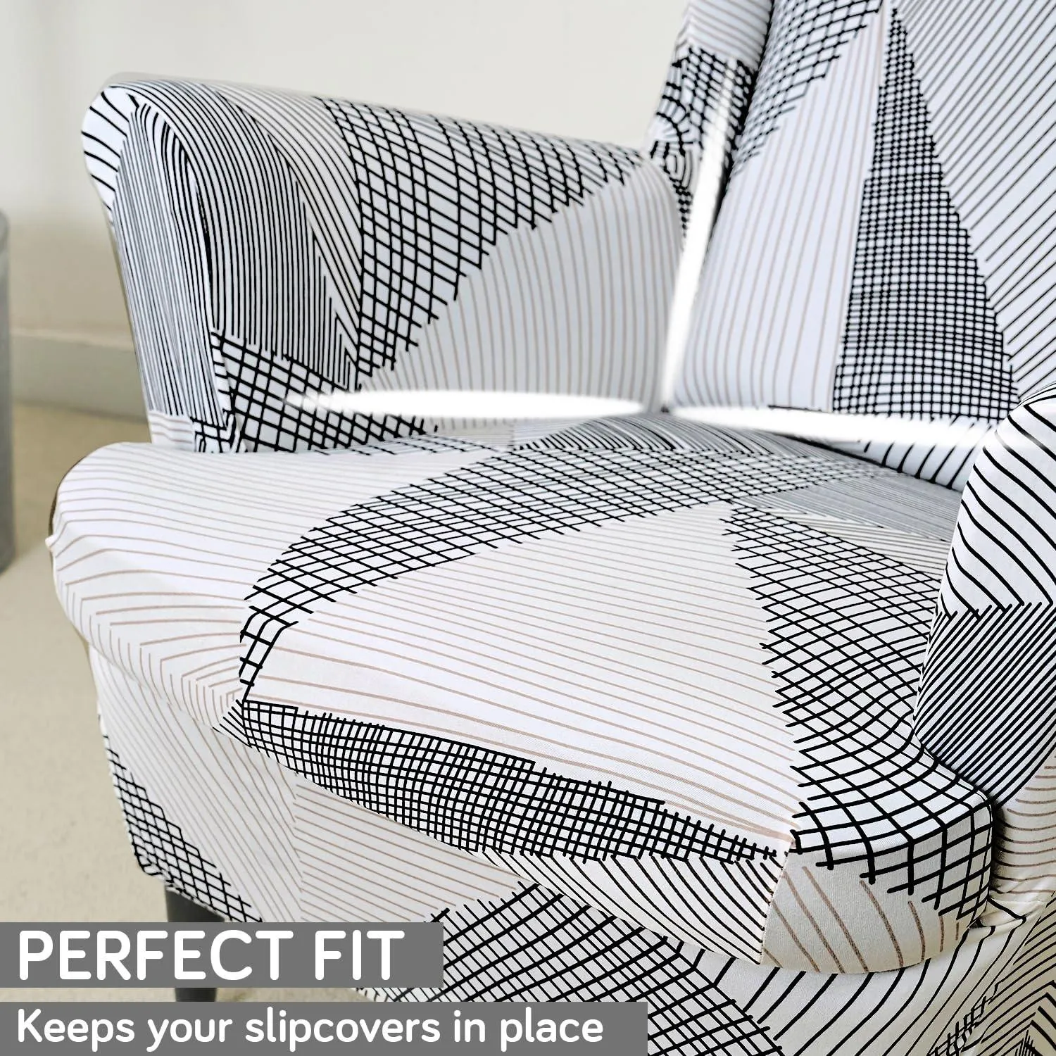 Stretchable 140 GSM Wing Chair Cover, Snow White Black Geometry