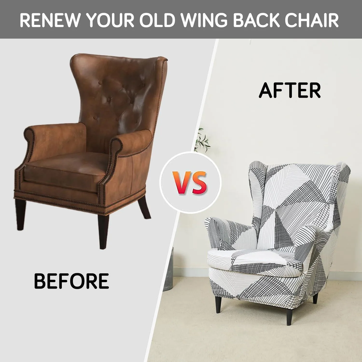 Stretchable 140 GSM Wing Chair Cover, Snow White Black Geometry