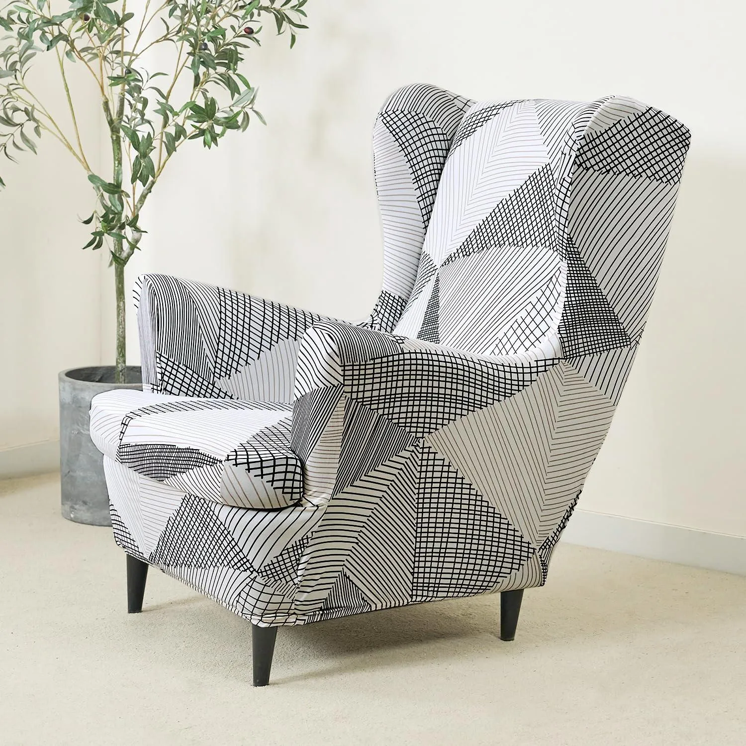 Stretchable 140 GSM Wing Chair Cover, Snow White Black Geometry
