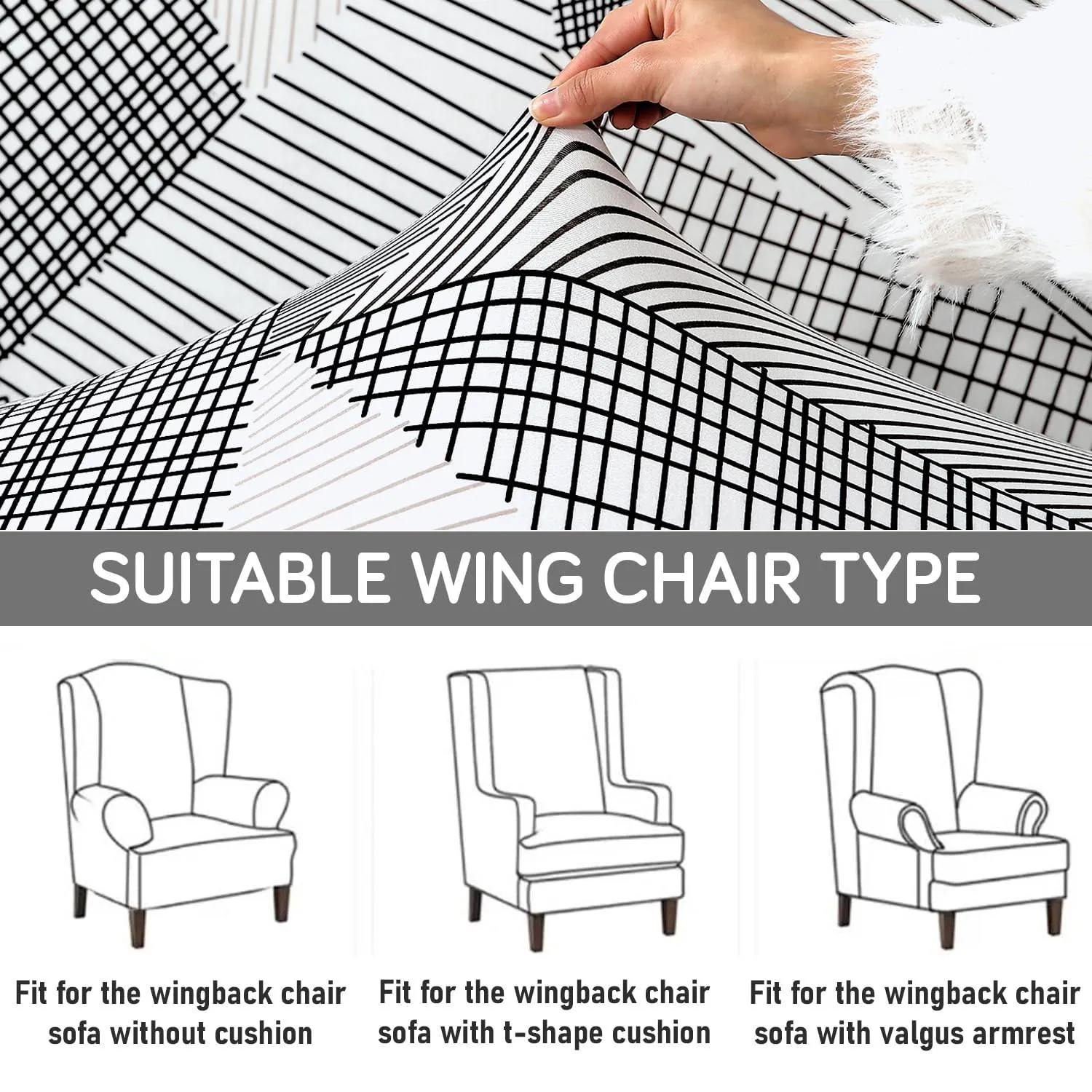 Stretchable 140 GSM Wing Chair Cover, Snow White Black Geometry