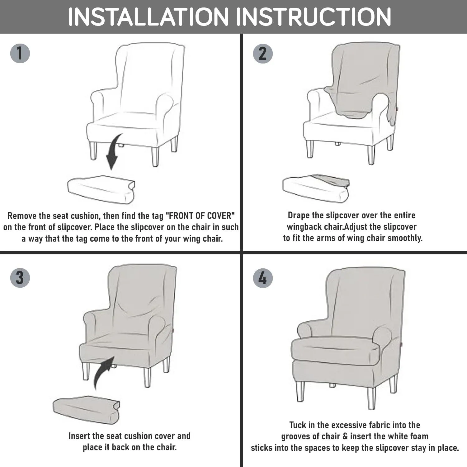 Stretchable 140 GSM Wing Chair Cover, Snow White Black Geometry
