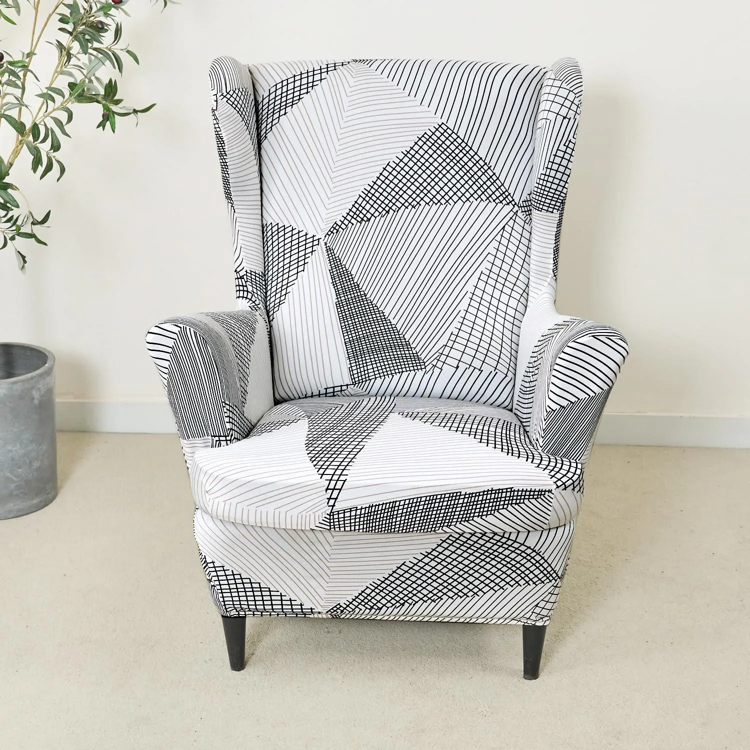 Stretchable 140 GSM Wing Chair Cover, Snow White Black Geometry