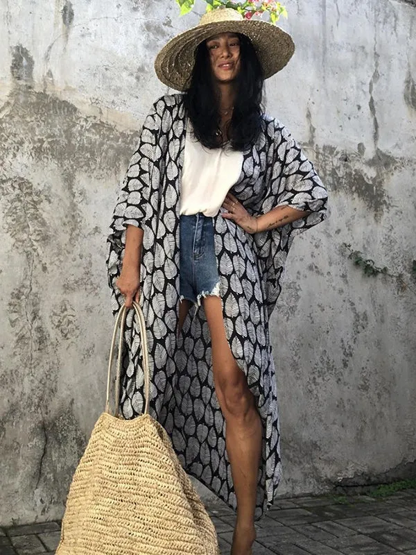 Wenkouban-Black Friday Christmas Thanksgiving Bohemia Oversized Printed Batwing Sleeves Cover-Up