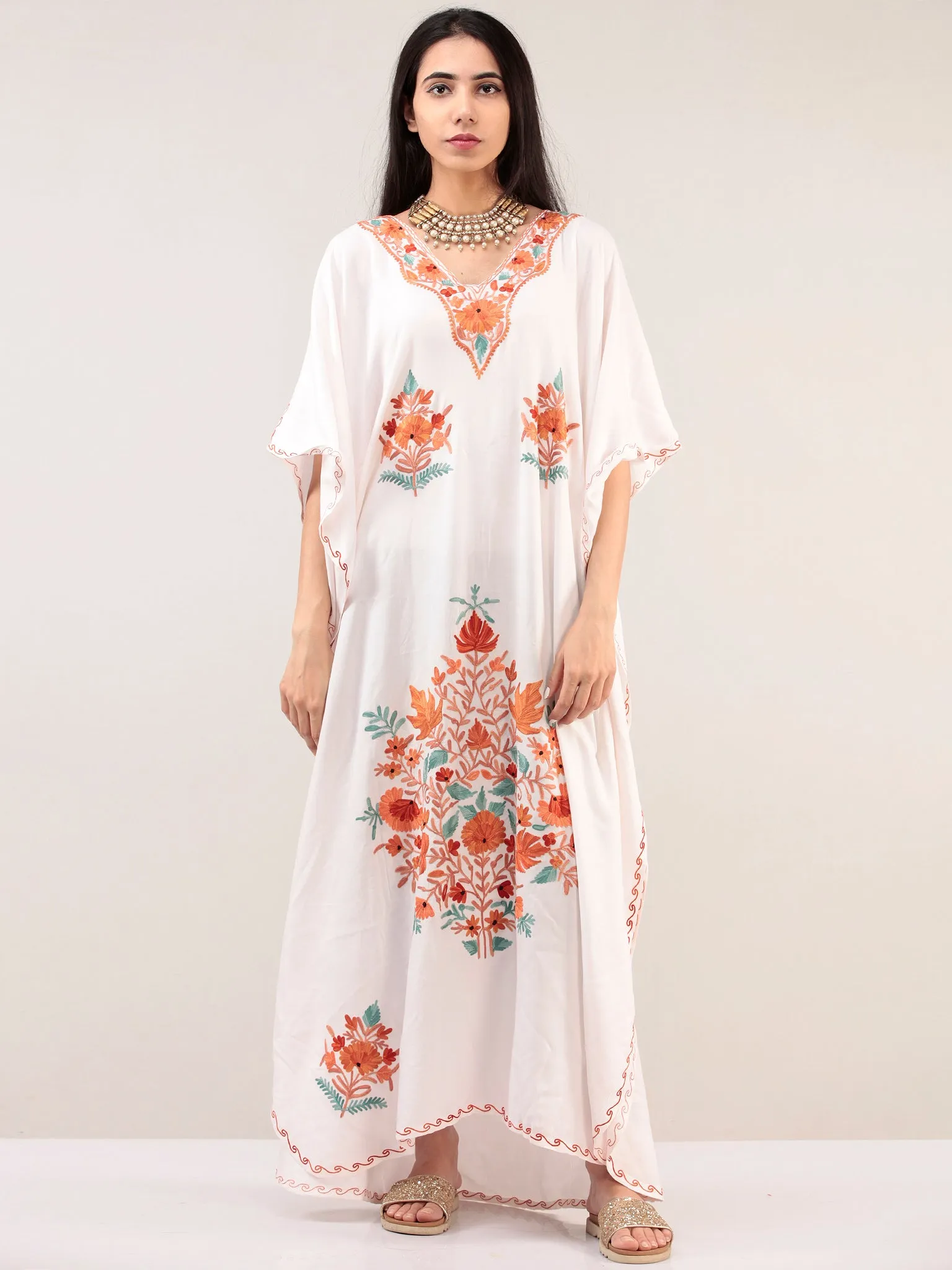 White Aari Embroidered Kashmere Free Size Kaftan  - K12K039
