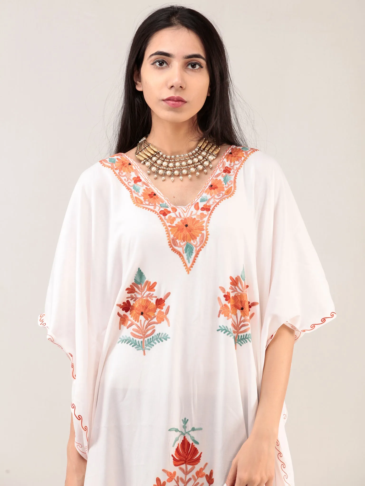 White Aari Embroidered Kashmere Free Size Kaftan  - K12K039