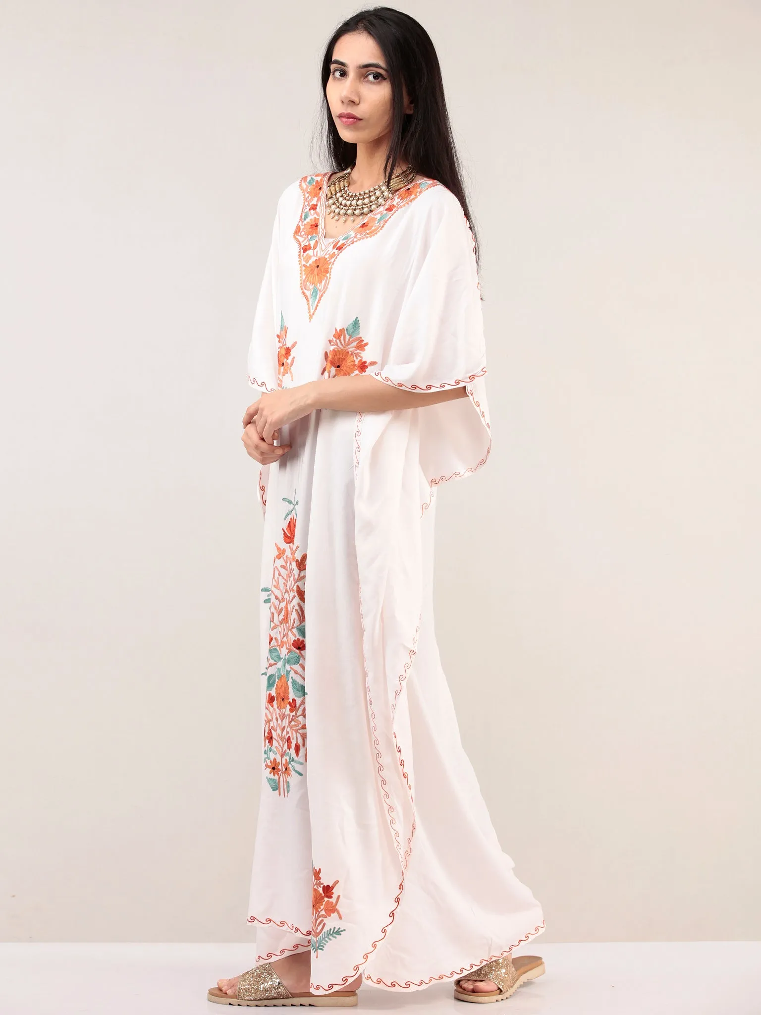 White Aari Embroidered Kashmere Free Size Kaftan  - K12K039