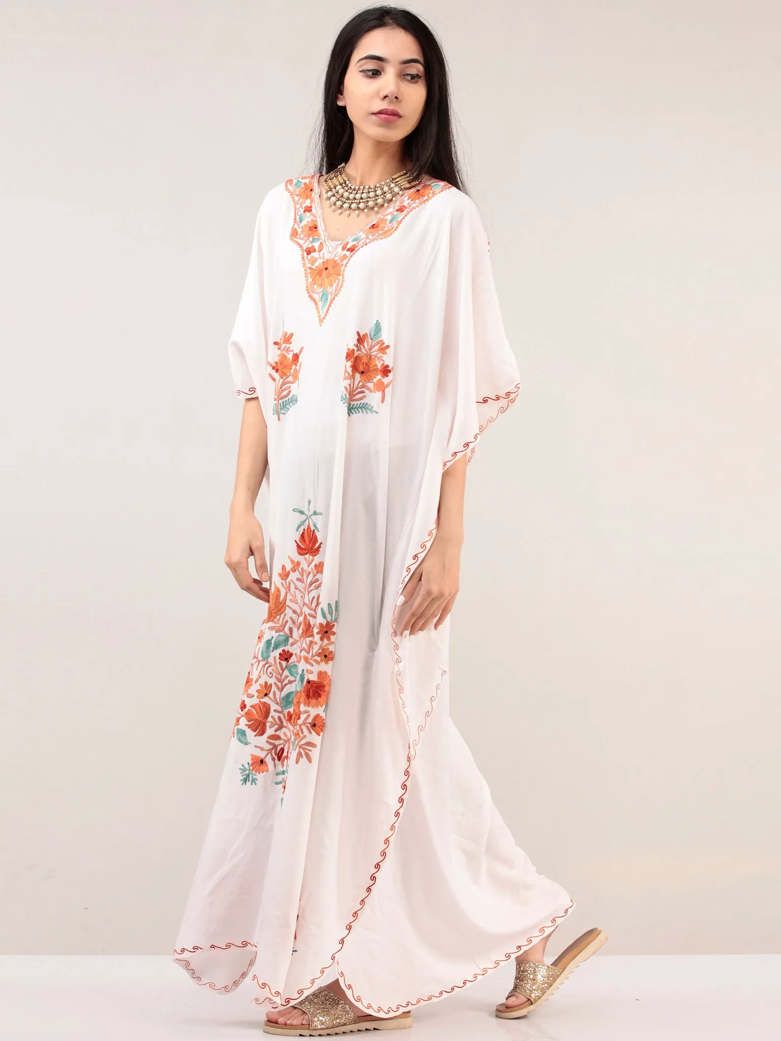 White Aari Embroidered Kashmere Free Size Kaftan  - K12K039